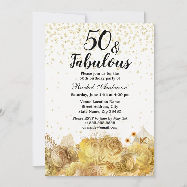 Invitation Gold Flowers Parties scintillant 50 et fabuleux 50 (Devant)