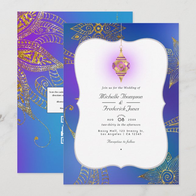 Invitation Gold Foil Arabian Bollywood QR Code RSVP Mariage (Devant / Derrière)