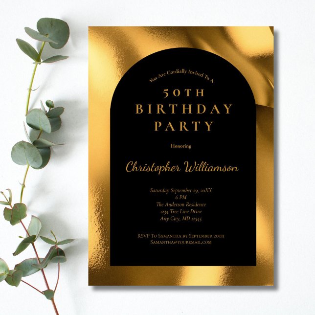 Invitation Gold Foil Arc moderne homme noir 50e anniversaire (Black with gold foil 50th birthday invitation for him or her. Simple Classic)