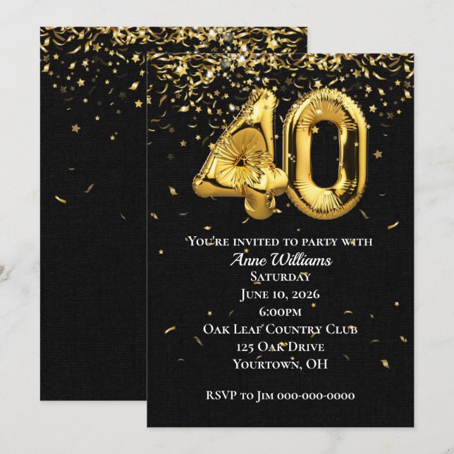 Invitation Gold Foil Ballons 40e anniversaire de fête Invitat (Devant / Derrière)