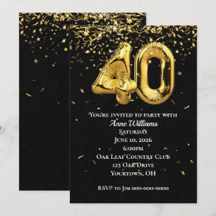 Invitation Gold Foil Ballons 40e anniversaire de fête Invitat