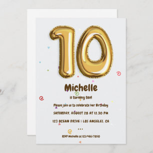 Invitation Gold Foil Balloon et Confetti 10e fête d'anniversa
