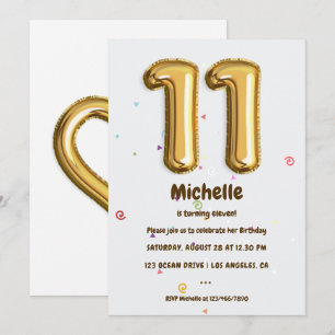 Invitation Gold Foil Balloon et Confetti 11e fête d'anniversa