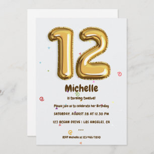 Invitation Gold Foil Balloon et Confetti 12e fête d'anniversa