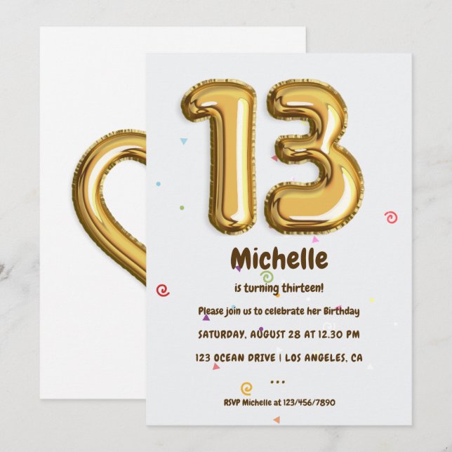 Invitation Gold Foil Balloon et Confetti 13e fête d'anniversa (Devant / Derrière)