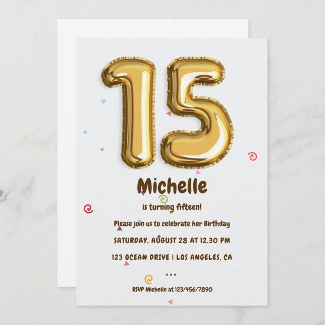 Invitation Gold Foil Balloon et Confetti 15e anniversaire fêt (Devant / Derrière)