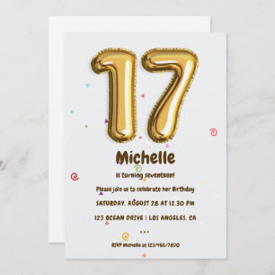 Invitation Gold Foil Balloon et Confetti 17ème anniversaire f