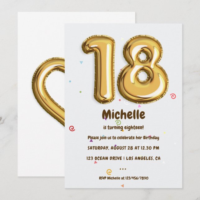 Invitation Gold Foil Balloon et Confetti 18e anniversaire fêt (Devant / Derrière)