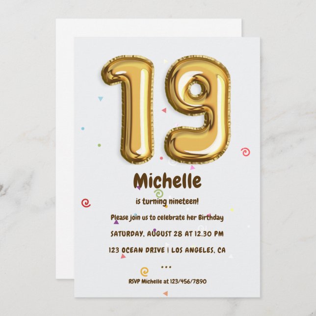 Invitation Gold Foil Balloon et Confetti 19e fête d'anniversa (Devant / Derrière)