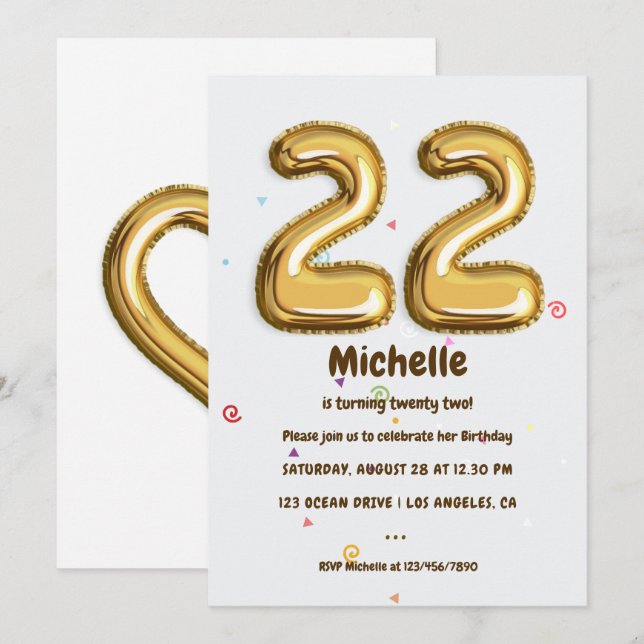 Invitation Gold Foil Balloon et Confetti 22e fête d'anniversa (Devant / Derrière)