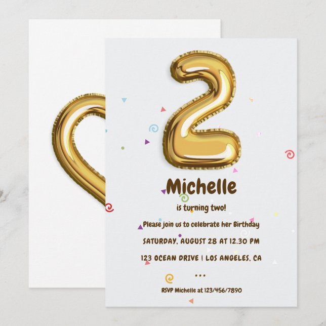 Invitation Gold Foil Balloon et Confetti 2e fête d'anniversai (Devant / Derrière)
