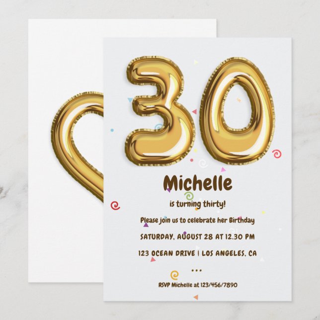 Invitation Gold Foil Balloon et Confetti 30e fête d'anniversa (Devant / Derrière)