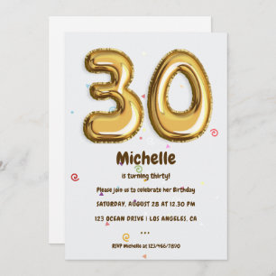 Invitation Gold Foil Balloon et Confetti 30e fête d'anniversa