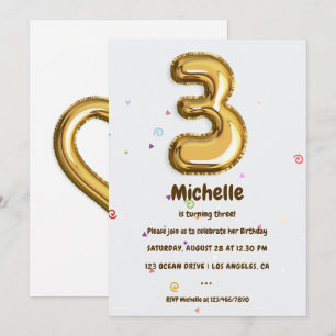 Invitation Gold Foil Balloon et Confetti 3ème anniversaire