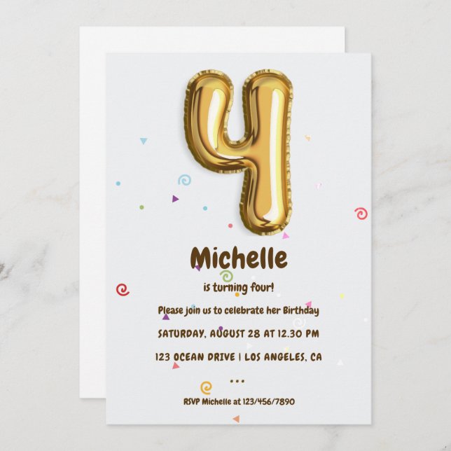Invitation Gold Foil Balloon et Confetti 4e anniversaire (Devant / Derrière)
