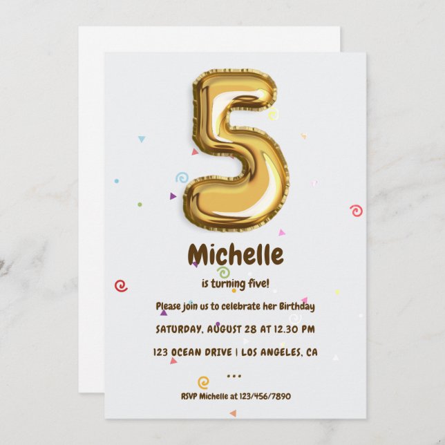 Invitation Gold Foil Balloon et Confetti 5e anniversaire (Devant / Derrière)