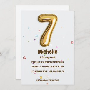 Invitation Gold Foil Balloon et Confetti 7e fête d'anniversai