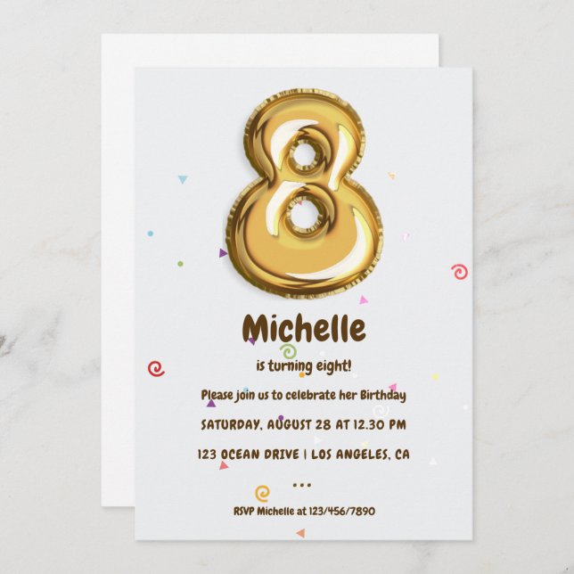 Invitation Gold Foil Balloon et Confetti 8e anniversaire (Devant / Derrière)