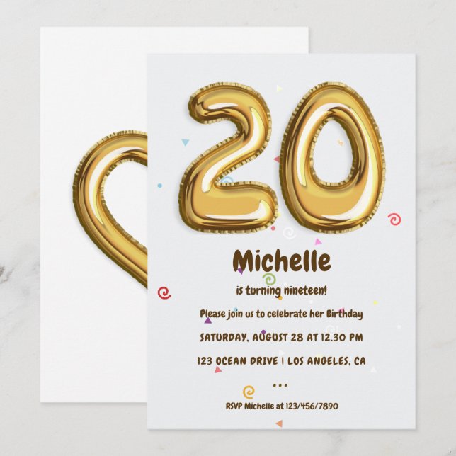 Invitation Gold Foil Balloon et Confetti fête de 20e annivers (Devant / Derrière)