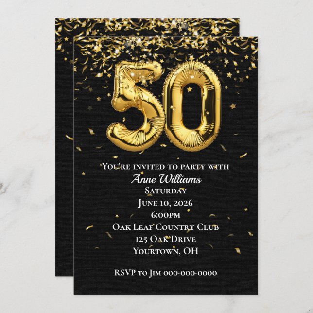 Invitation Gold Foil Balloons 50e anniversaire de fête Invita (Devant / Derrière)