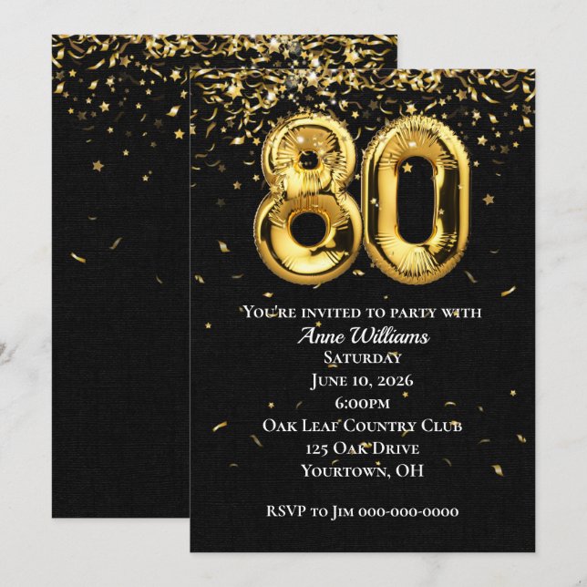 Invitation Gold Foil Balloons 80e anniversaire de fête Invita (Devant / Derrière)
