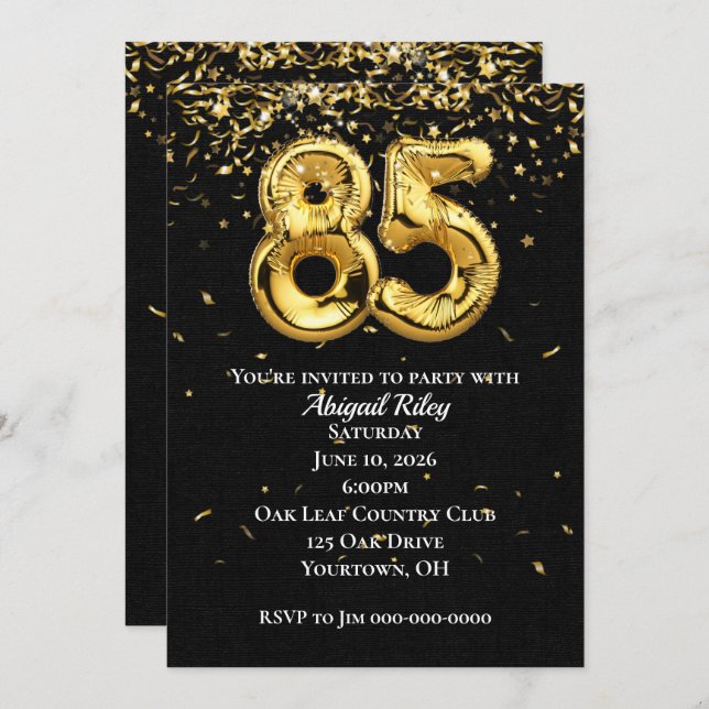 Invitation Gold Foil Balloons 85e anniversaire de fête Invita (Devant / Derrière)