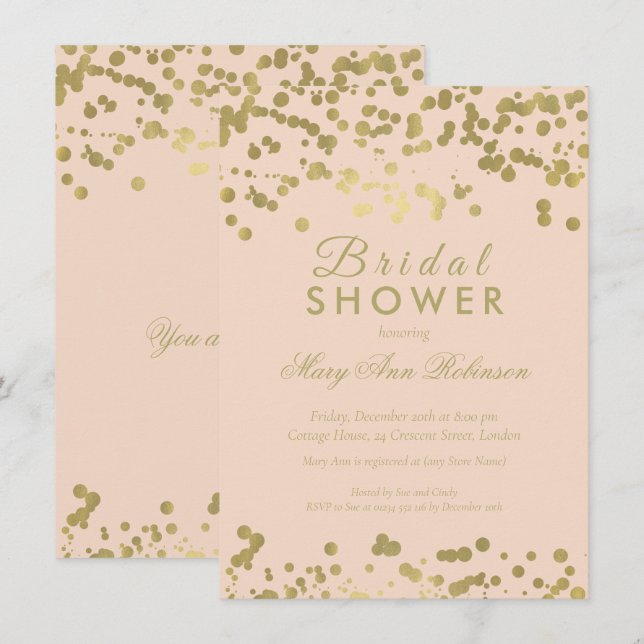 Invitation Gold Foil Blush Confetti Elégante Fête des mariées (Devant / Derrière)