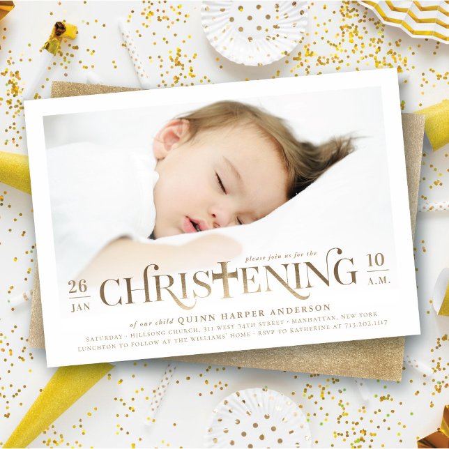 Invitation Gold Foil Croix moderne Christening Photo religieu (Faux Gold Foil Modern Classic Bold Cross Stylish Christening Photo Invitation @ fat_fa_tin)