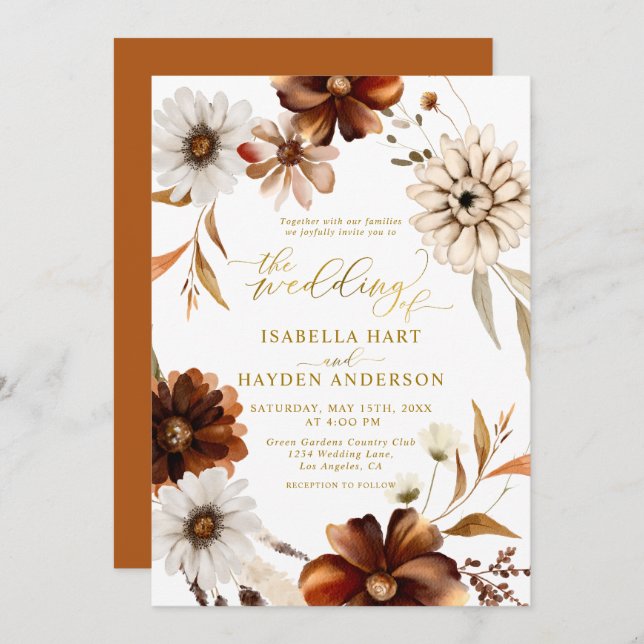 Invitation Gold Foil élégant Boho Mariage en terre cuite auto (Devant / Derrière)
