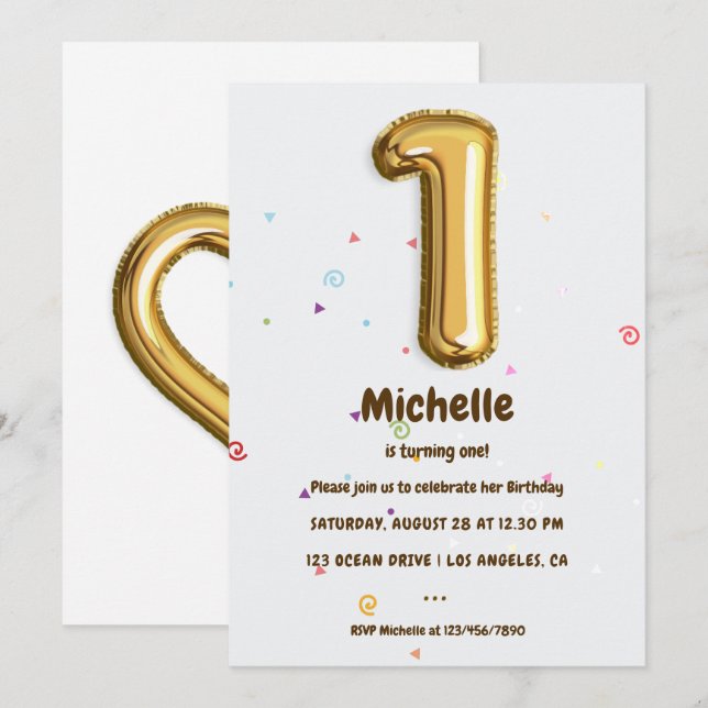 Invitation Gold Foil et Confetti 1er anniversaire (Devant / Derrière)