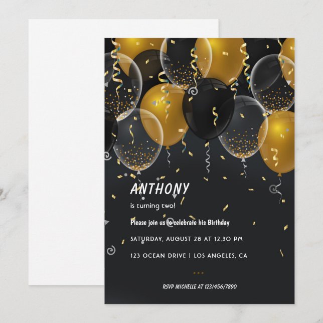 Invitation Gold Foil et Confetti Anniversaire de fête Invi (Devant / Derrière)