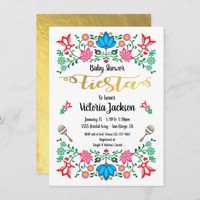 Invitation Gold Foil Floral Baby shower mexicain Fiesta (Devant / Derrière)