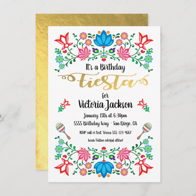 Invitation Gold Foil Floral Fête mexicaine Anniversaire (Devant / Derrière)