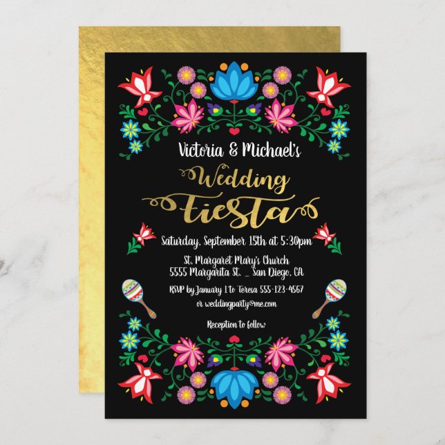 Invitation Gold Foil Floral Mariage mexicain Fiesta (Devant / Derrière)