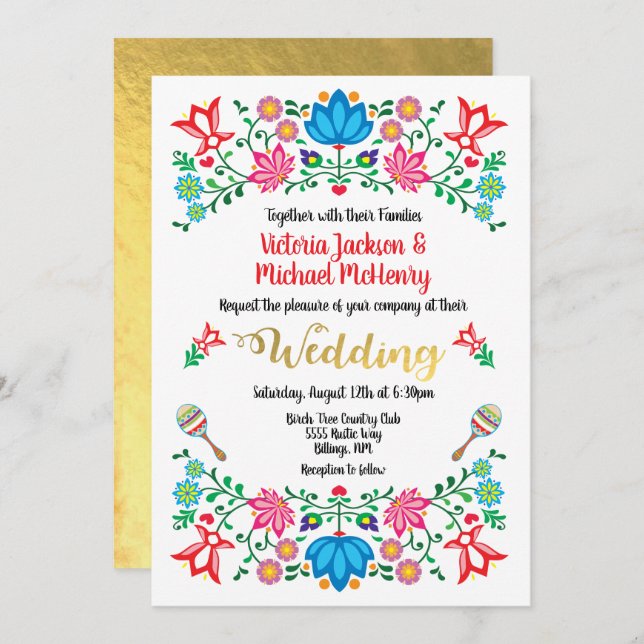 Invitation Gold Foil Floral Mariage mexicain Fiesta (Devant / Derrière)