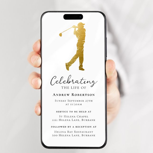 Invitation Gold Foil Golfer Funérailles Digital Evite (Créateur téléchargé)