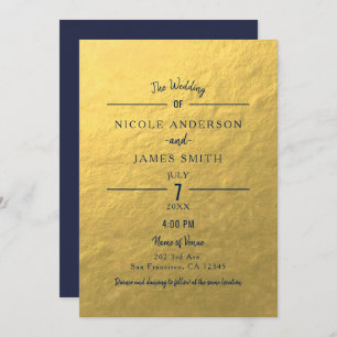 Invitation Gold Foil Marine Bleu Minimal Clean Classic Mariag
