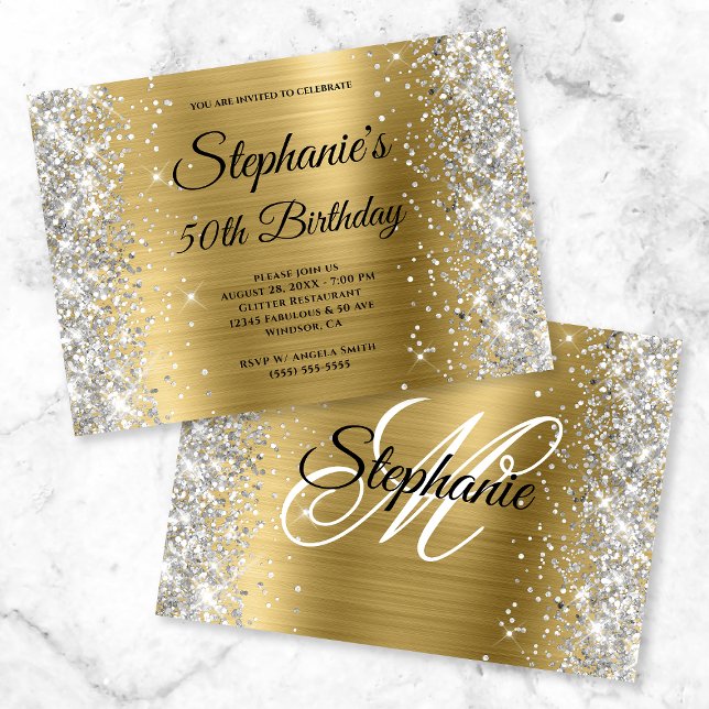 Invitation Gold Foil Parties scintillant argent Monogramme An (Créateur téléchargé)