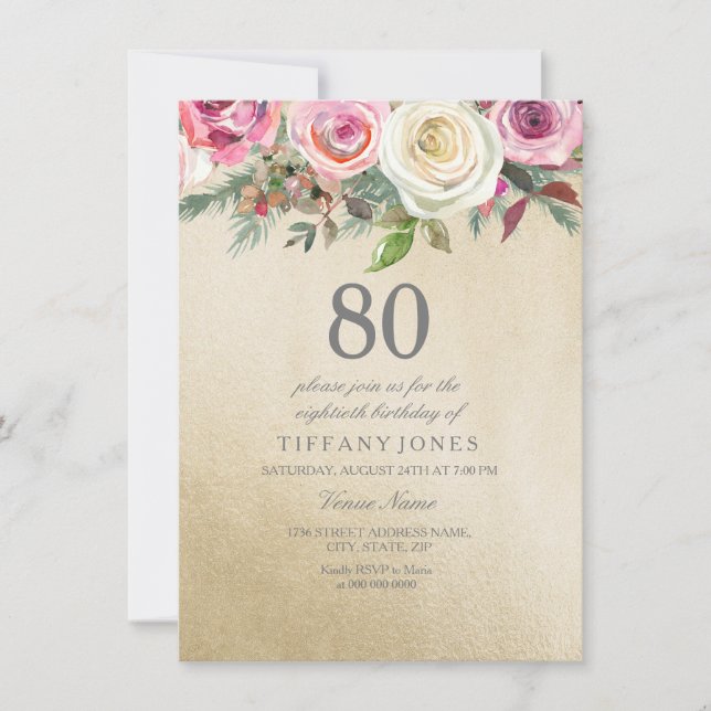 Invitation Gold Foil Rose blanche Rose 80e anniversaire Invit (Devant)