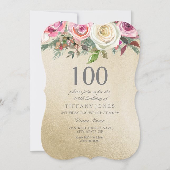 Invitation Gold Foil Rose rose blanche 100e anniversaire Invi (Devant)