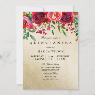Invitation Gold Foil Rose & Rose Rouge Quinceanera