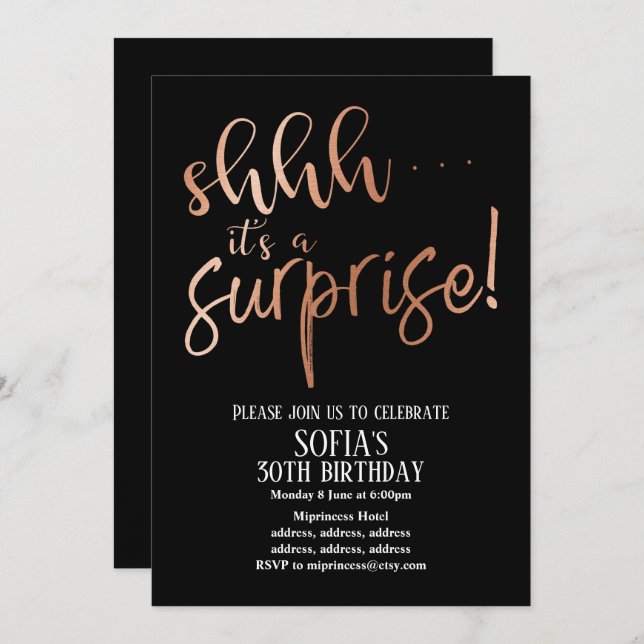 Invitation Gold Foil rose, shhh c'est une fête surprise (Devant / Derrière)