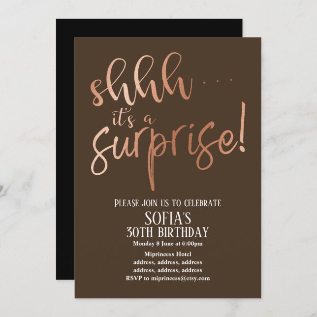 Invitation Gold Foil rose, shhh c'est une fête surprise (Devant / Derrière)