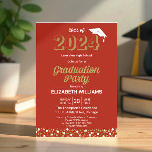 Invitation Gold Foil Script Confetti Graduation Party Rouge