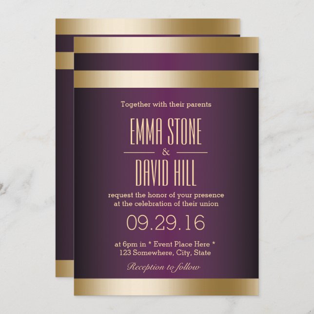 Invitation Gold Foil Stripes Mariage pourpre foncé (Devant / Derrière)
