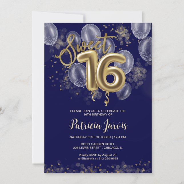 Invitation Gold Foil Sweet 16 Anniversaires Ballons Party Roy (Devant)