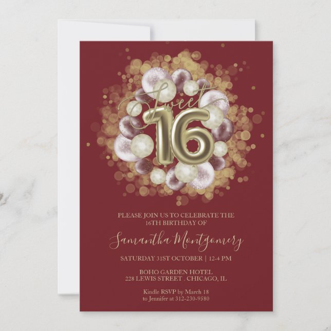Invitation Gold Foil Sweet 16 Anniversaires Balloons Party Bo (Devant)