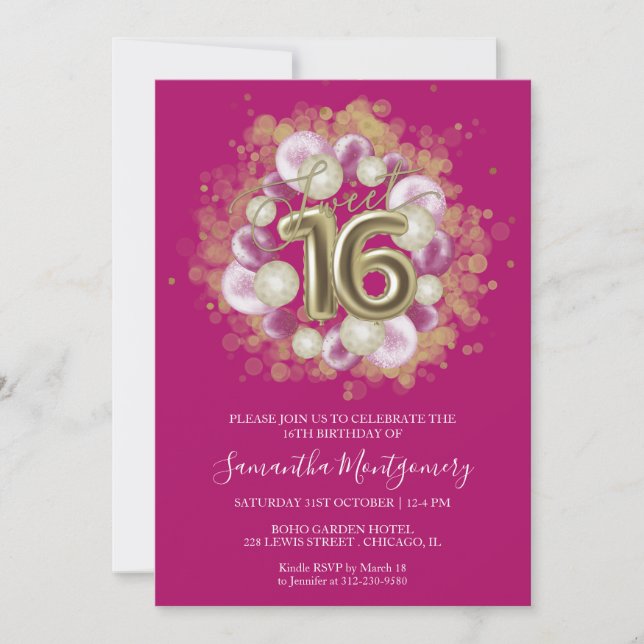 Invitation Gold Foil Sweet 16 Anniversaires Balloons Party Ho (Devant)