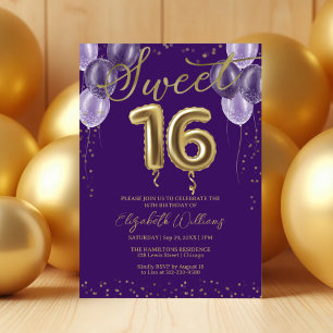 Invitation Gold Foil Sweet 16 Ballons d'anniversaire fête vio