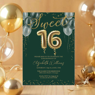 Invitation Gold Foil Sweet 16 Ballons d'anniversaire Green Pa
